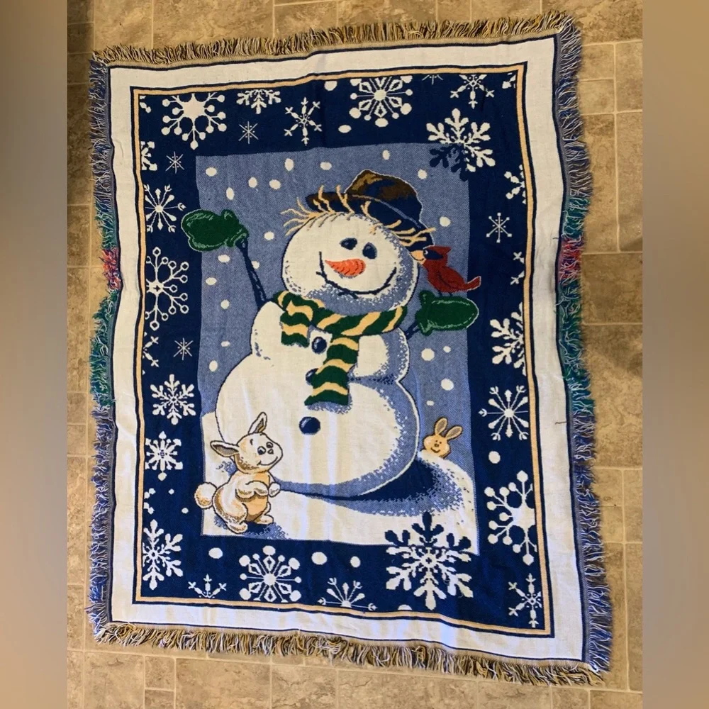Hallmark‎ Snowman W/Bunny and Red Cardinal Throw Blanket/ Tapestry 56x46 Fringed